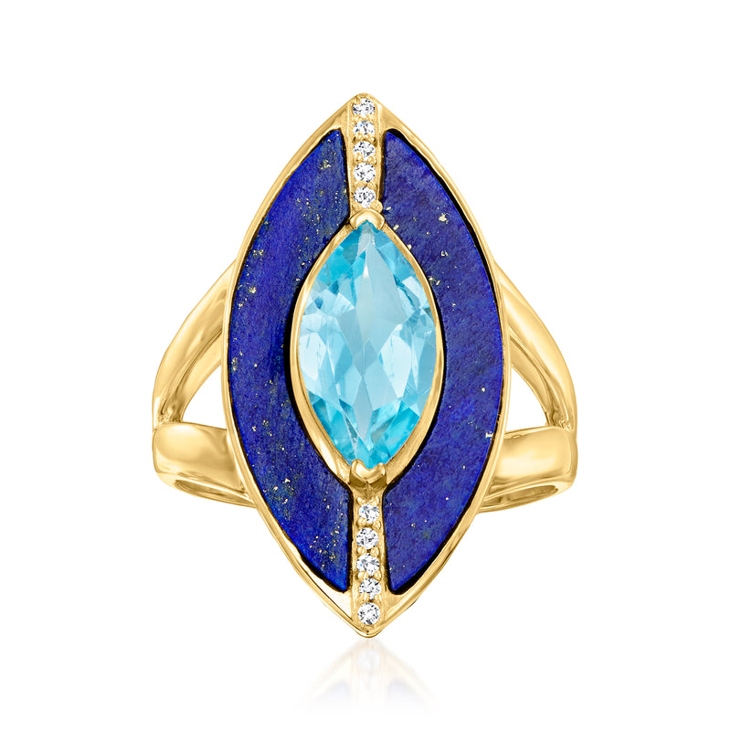 Gold ring with oval light-blue topaz center, blue stone setting, and clear accents
