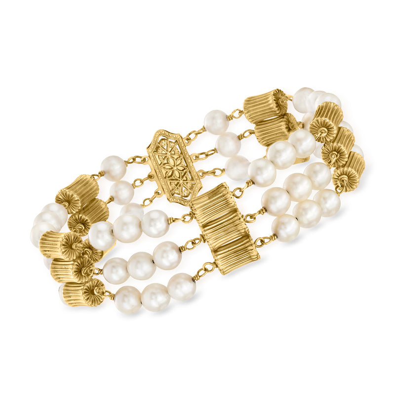 Three-row cultured pearl bracelet with 14kt yellow gold textured bead and bar links