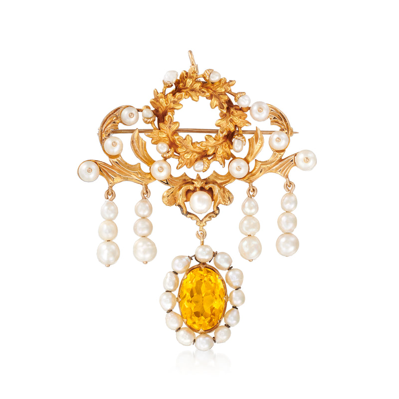 10kt yellow gold drop pin with citrine centerpiece and dangling cultured pearls