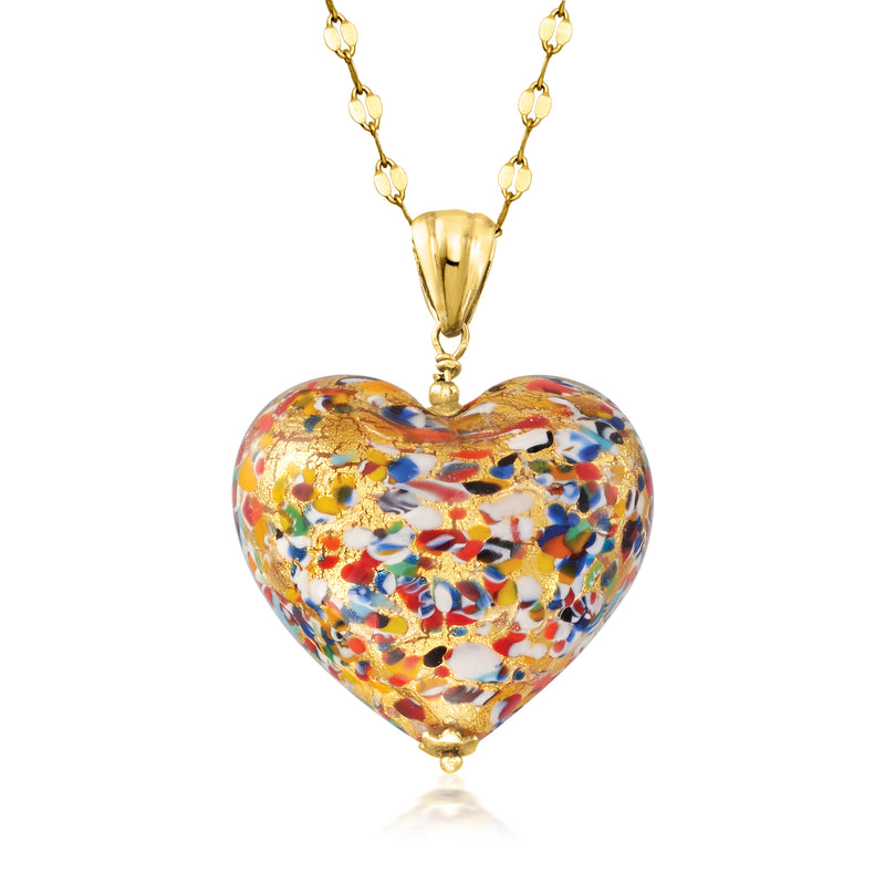 Gold over sterling heart pendant necklace with colorful Murano-style glass heart
