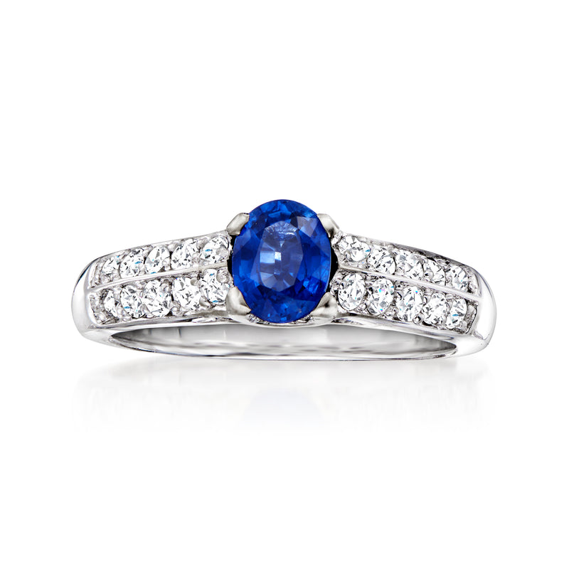 Vintage sapphire and diamond ring with oval blue sapphire in white gold