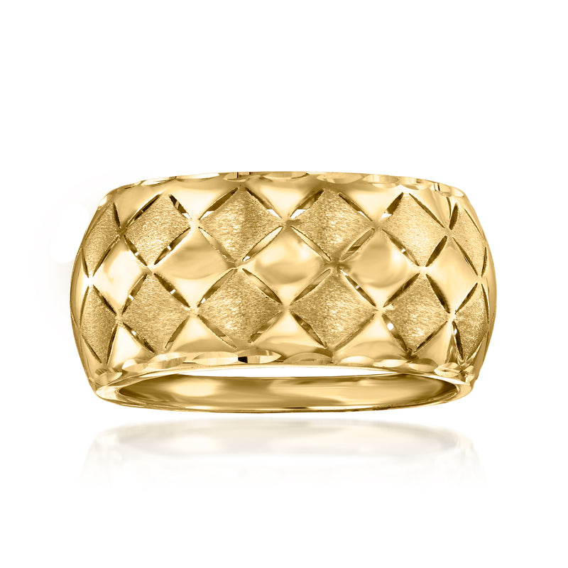14kt yellow gold dome ring with checkerboard pattern top