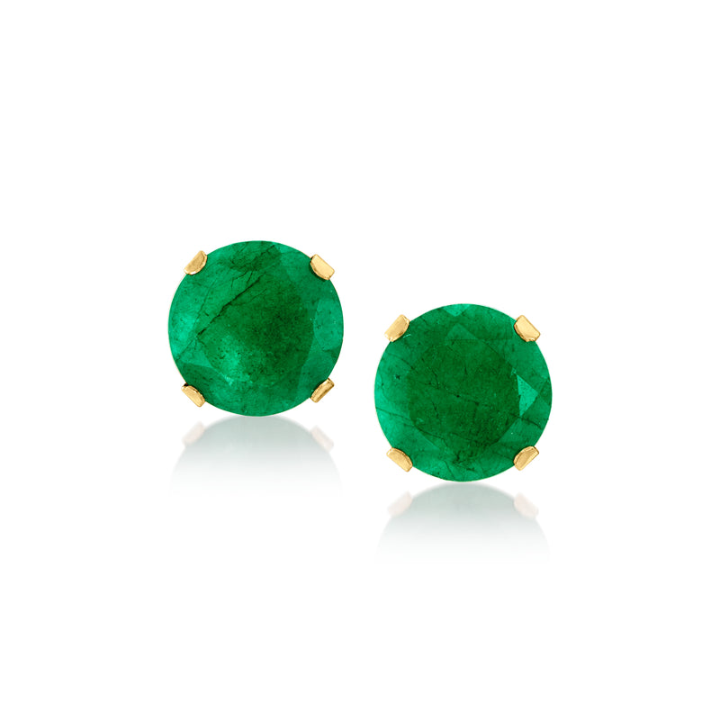 Emerald green stud earrings in 10kt yellow gold, bezel-set stones, post backs