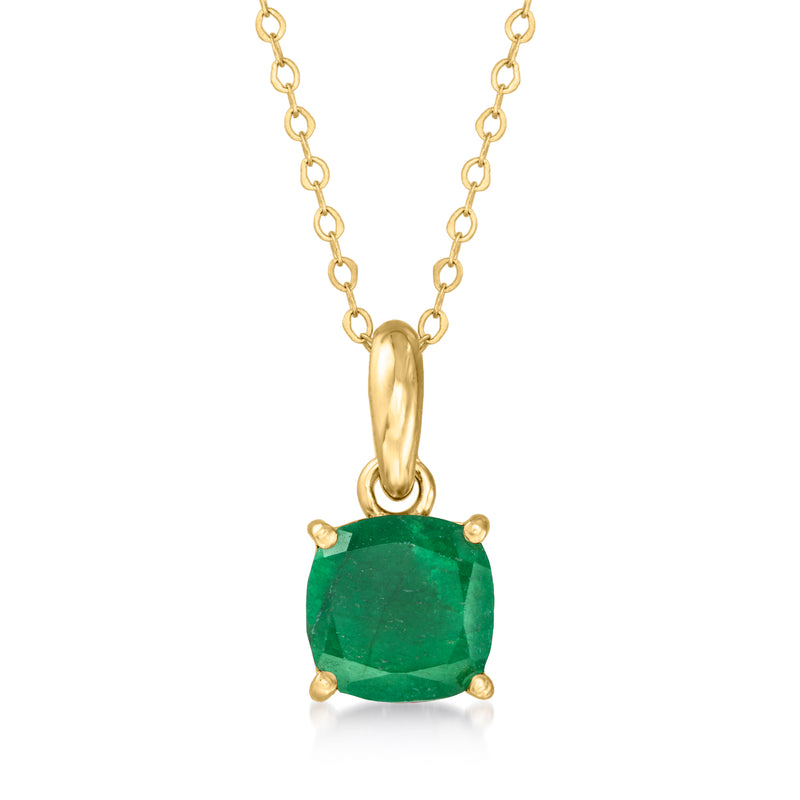 10kt yellow gold pendant necklace with green emerald-cut stone in bezel