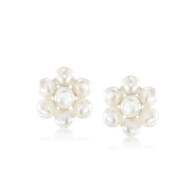 Cultured pearl flower stud earrings, 14kt yellow gold posts, white pearls