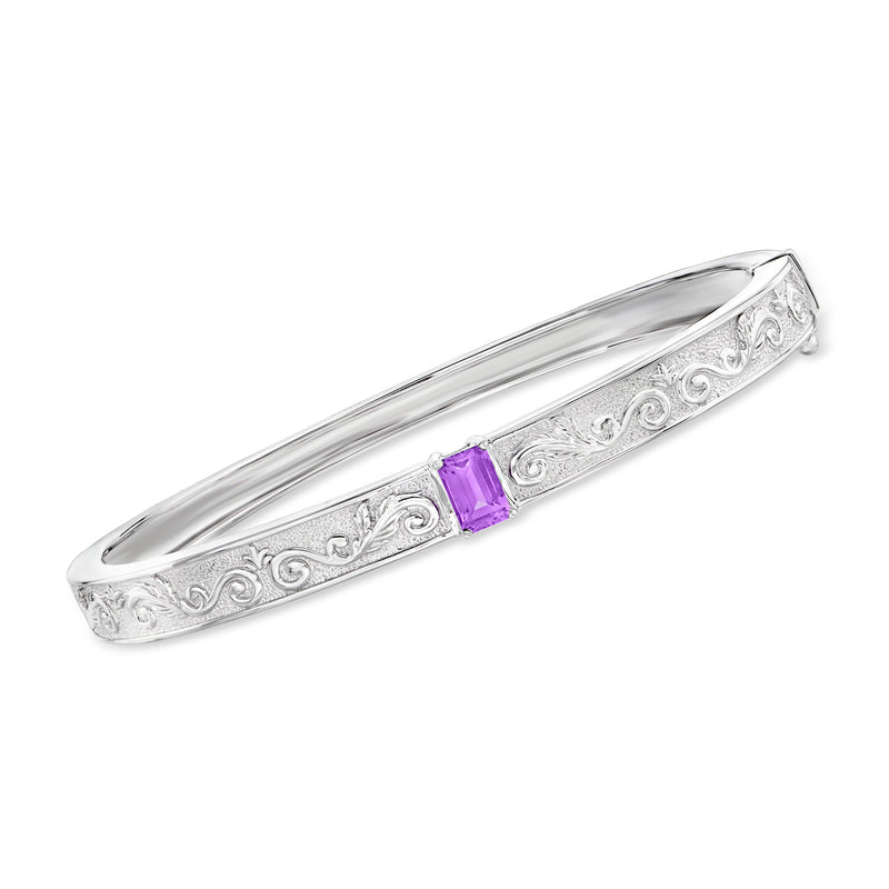 Sterling silver scrollwork bangle bracelet with textured shine and purple amethyst center