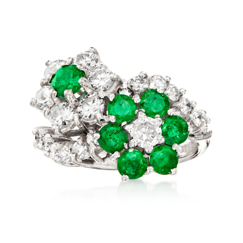 Floral emerald and diamond ring, round green emeralds with white gold setting