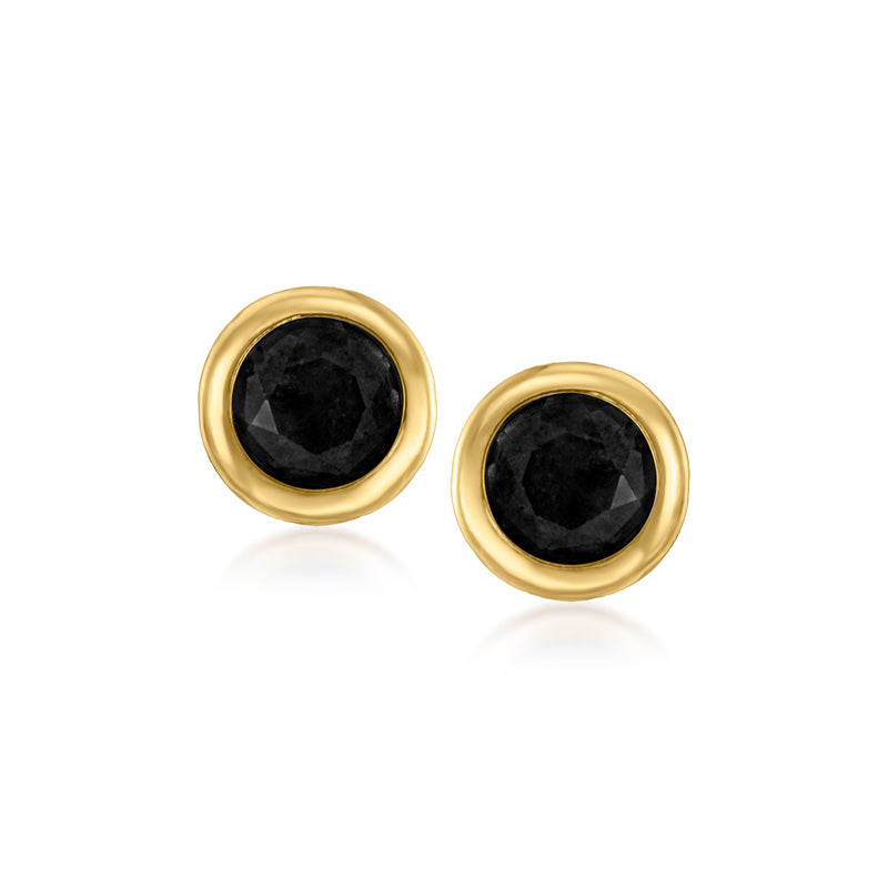 10kt yellow gold onyx stud earrings with round bezel setting, post backs