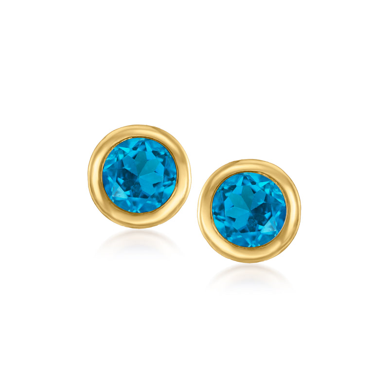 10kt yellow gold bezel-set round London blue topaz stud earrings