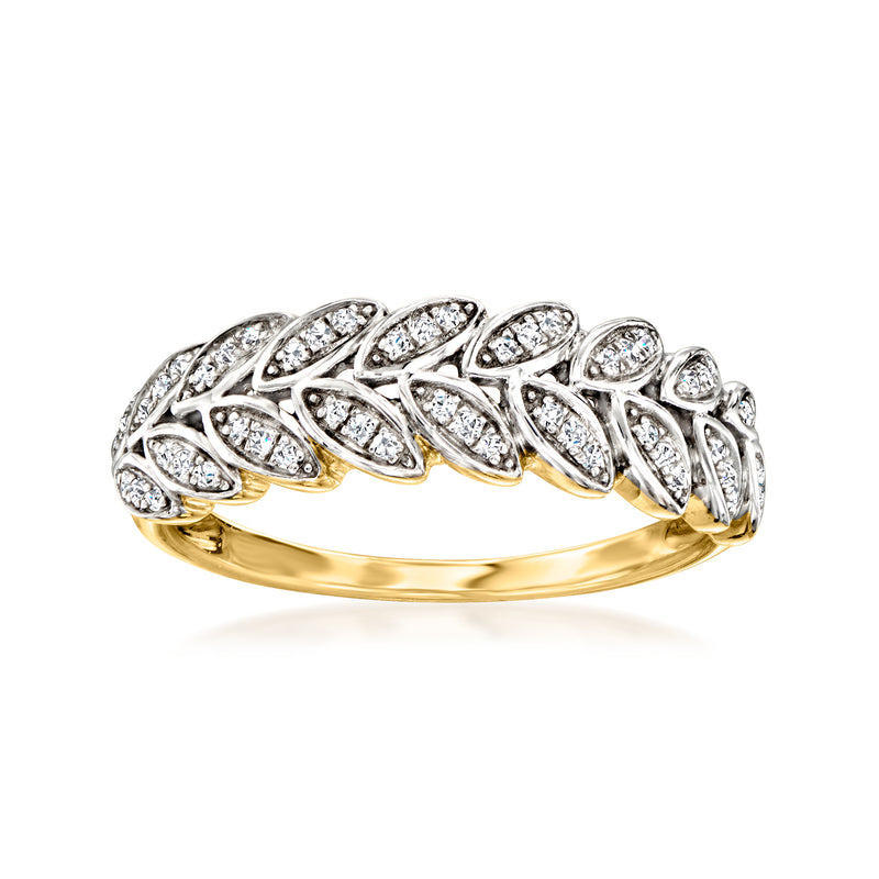14kt yellow gold diamond leaf ring with pave-set rows of round white diamonds