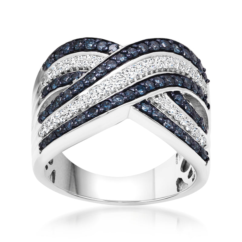 Sterling silver diamond highway ring with white and dark blue gemstone rows