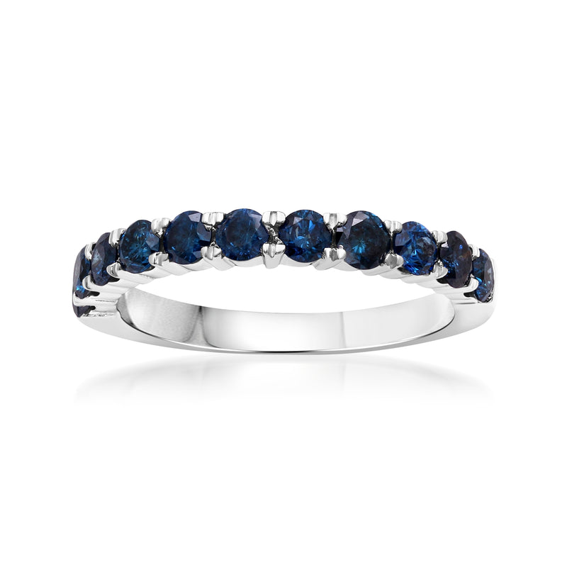 Sterling silver ring with blue round diamond line in prong settings