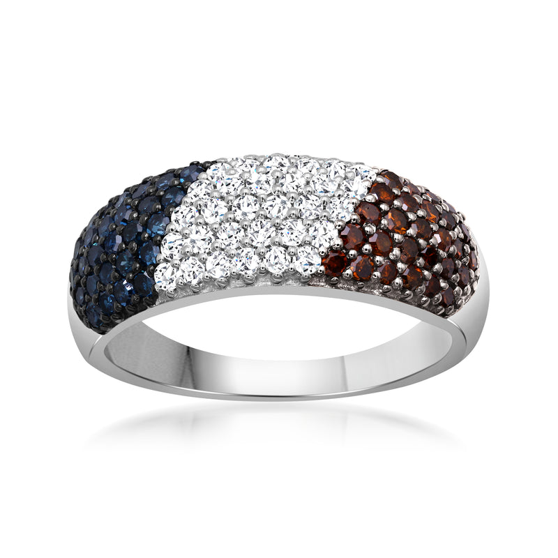 Sterling silver diamond striped ring with blue, white, and red pave stones