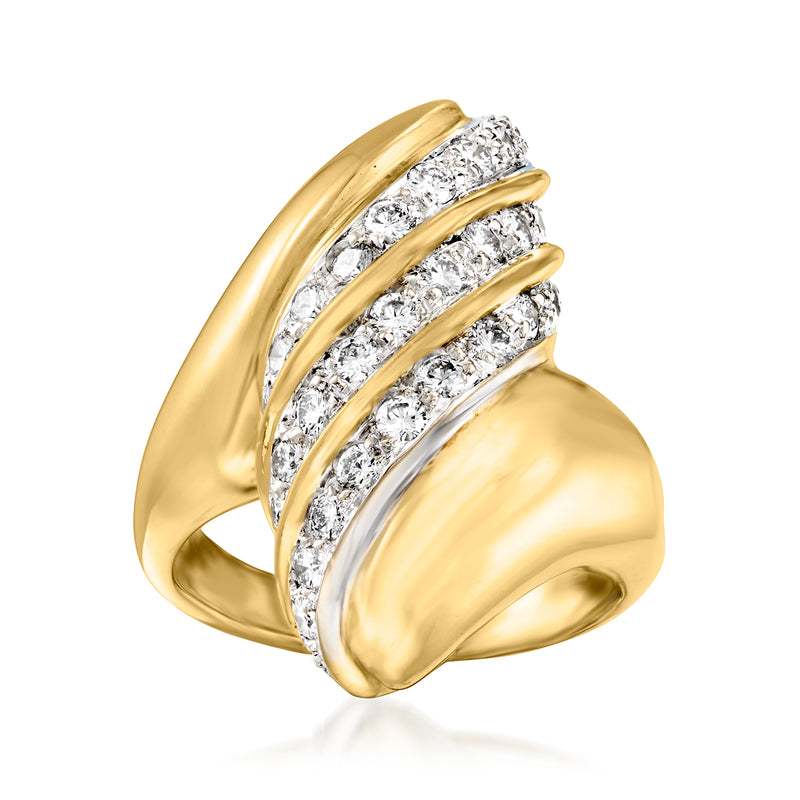 18kt yellow gold swirl cocktail ring with three rows of round diamonds