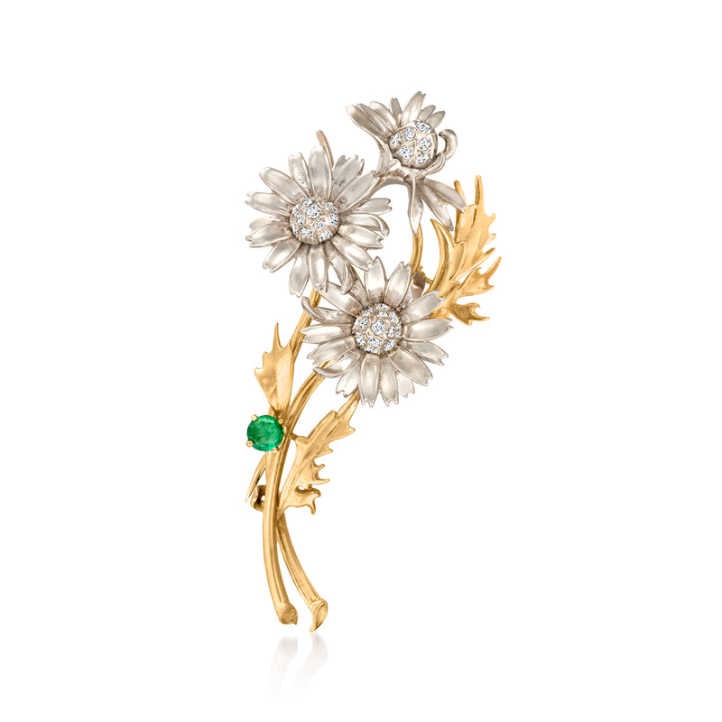 Vintage two-tone gold flower bouquet pin with round diamonds and green emerald accents
