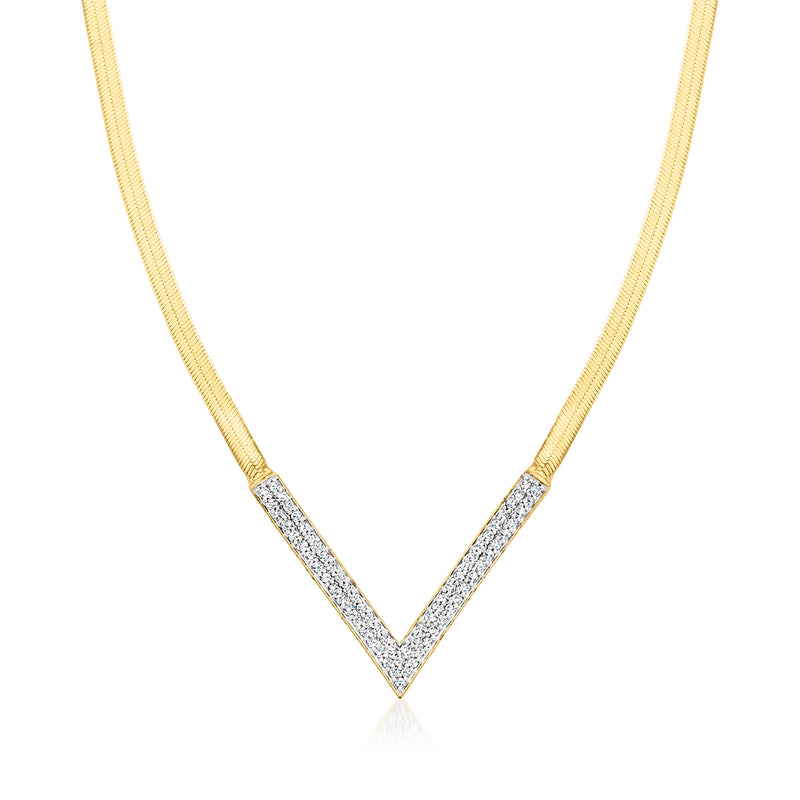 18kt gold over sterling diamond chevron V herringbone necklace, pave stones