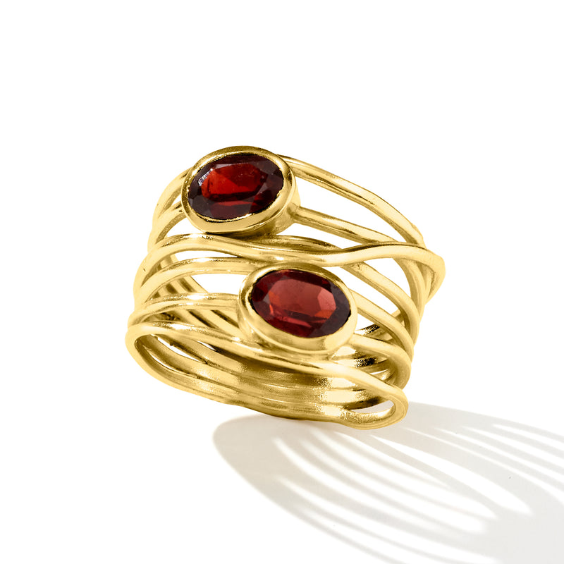 Gold over sterling garnet highway ring with two oval red stones on twisted open band