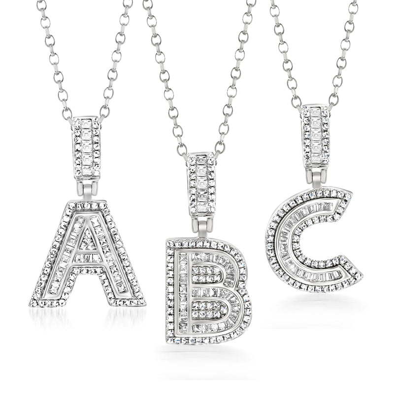 Sterling silver CZ initial pendant necklace with letter pendants A, B, C