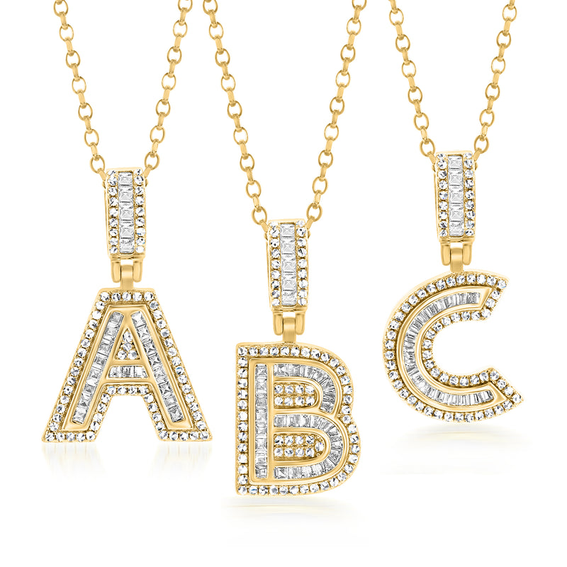 CZ initial pendant necklaces in gold over sterling, shown with A, B, and C pendants