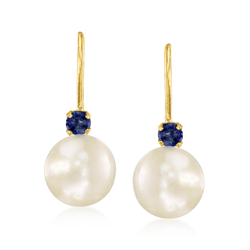14kt yellow gold pearl drop earrings with blue sapphire accents, leverback style