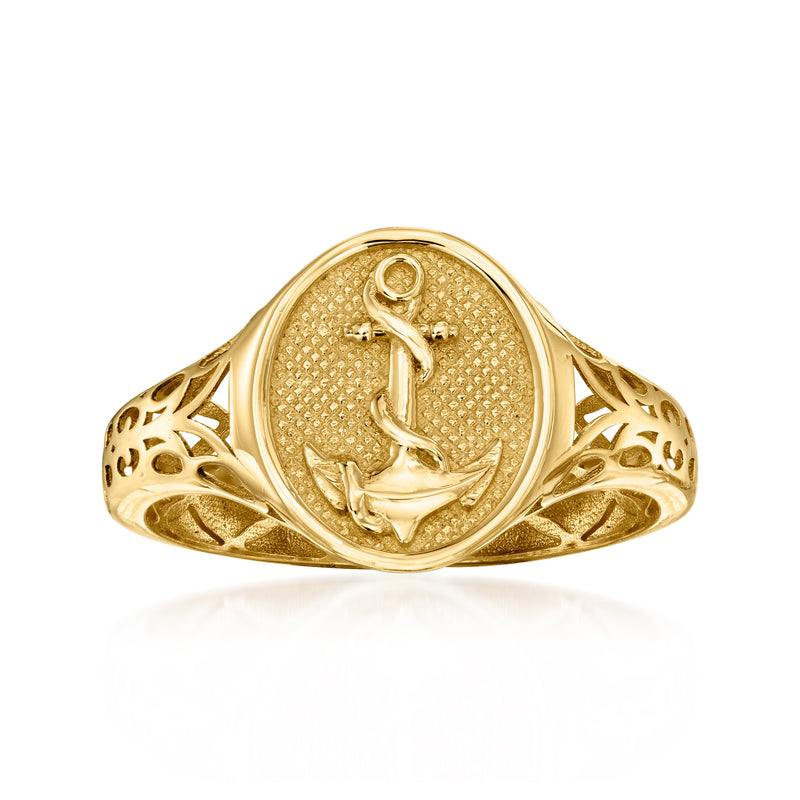 Gold signet ring with round anchor medallion and pierced side scrollwork