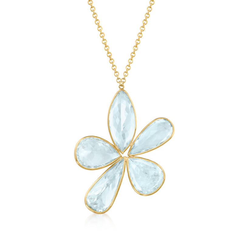 Vintage aquamarine flower necklace in 14kt yellow gold, light blue gemstone petals on chain