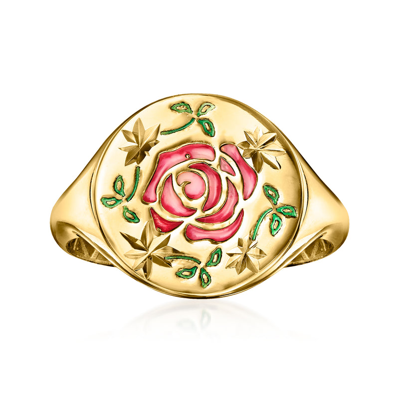 14kt yellow gold signet ring with pink rose enamel and green accents