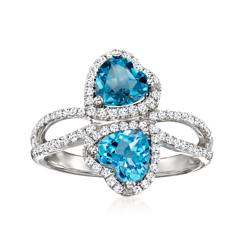 14kt white gold heart blue topaz ring with diamond halos and two blue stones