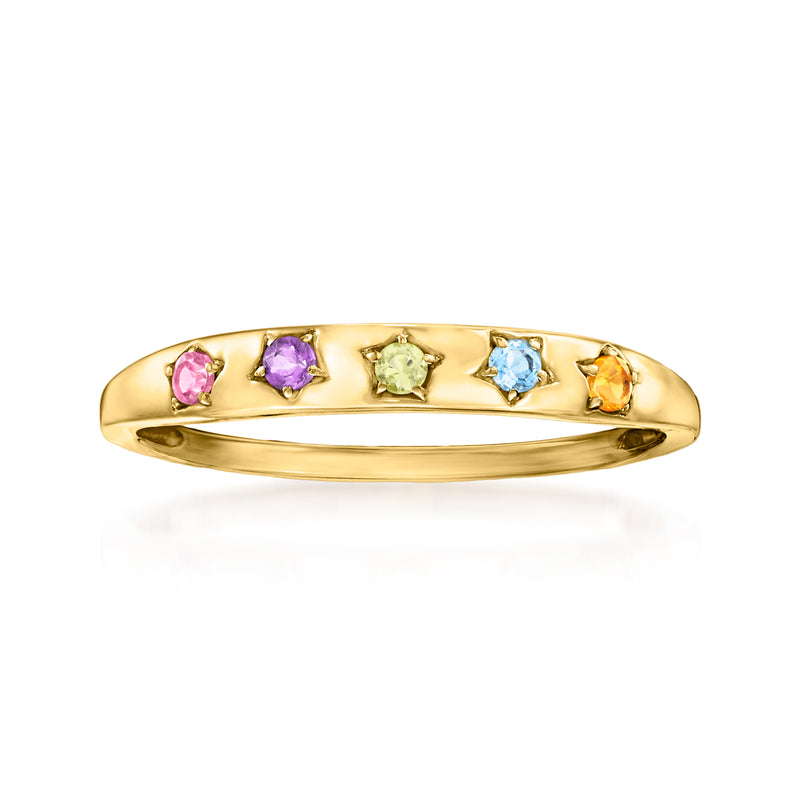 14kt yellow gold star ring with five multi-colored gemstones: pink, purple, green, blue, orange