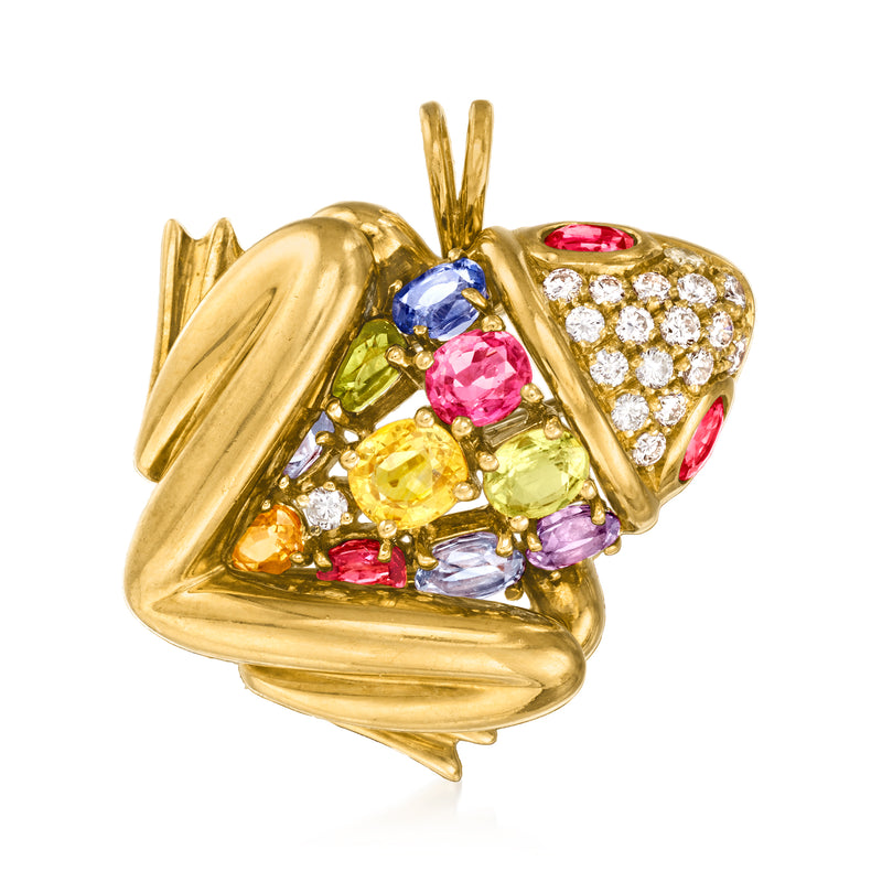 Vintage 18kt yellow gold frog pin with multicolored gemstones and diamond accents