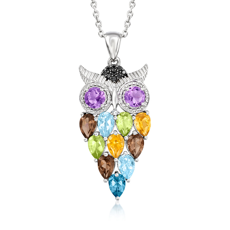 Sterling silver owl pendant necklace with purple, blue, amber, and green gemstone accents