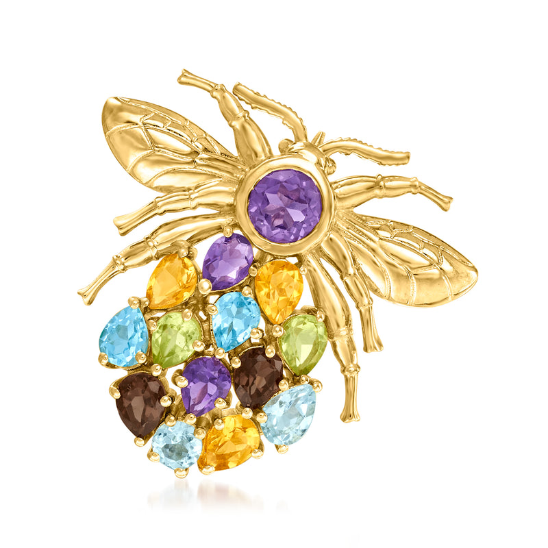Gold-tone multi-gem bumblebee pin with purple center and colorful teardrop stones
