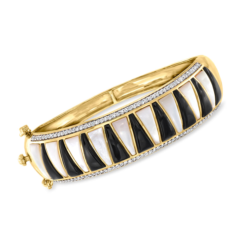 18kt gold over sterling bangle with black onyx and white mother-of-pearl enamel rows
