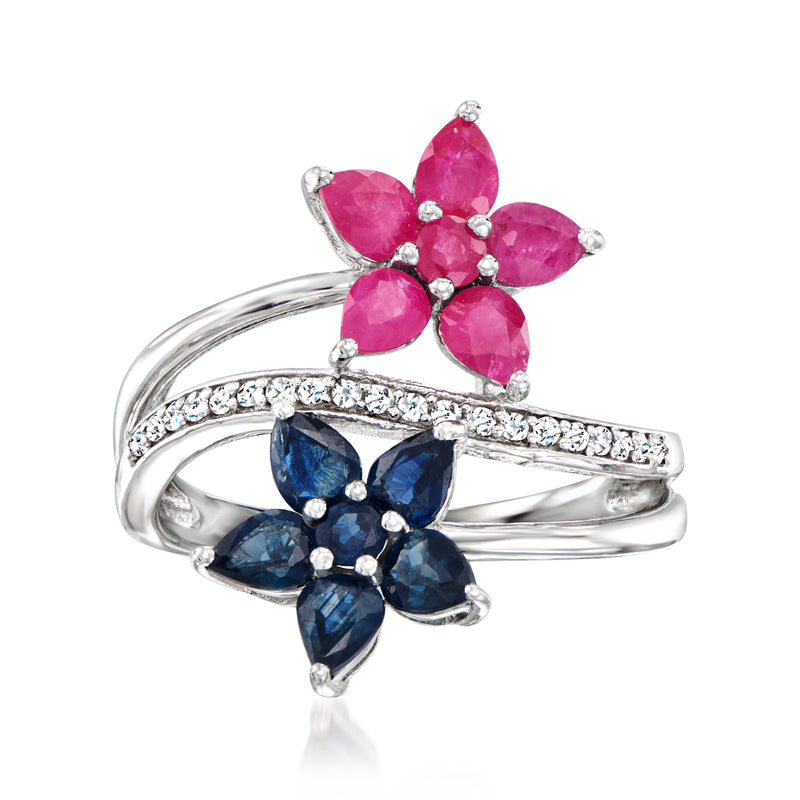 Sterling silver flower bypass ring with ruby and sapphire blooms, diamond accents
