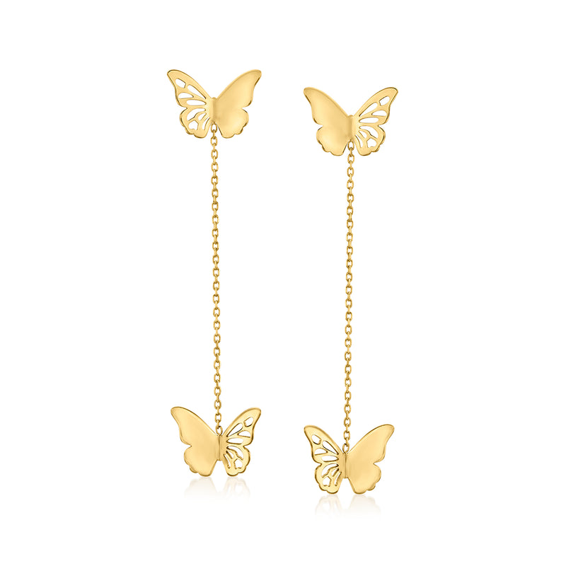 14kt yellow gold butterfly drop earrings with long chain dangles and butterfly charms