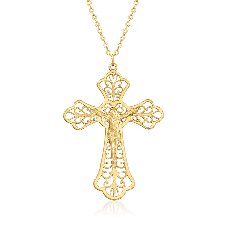 18k yellow gold openwork crucifix pendant on a fine link chain