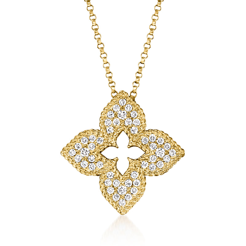 18kt yellow gold diamond flower pendant necklace with star-shaped diamond center and bail