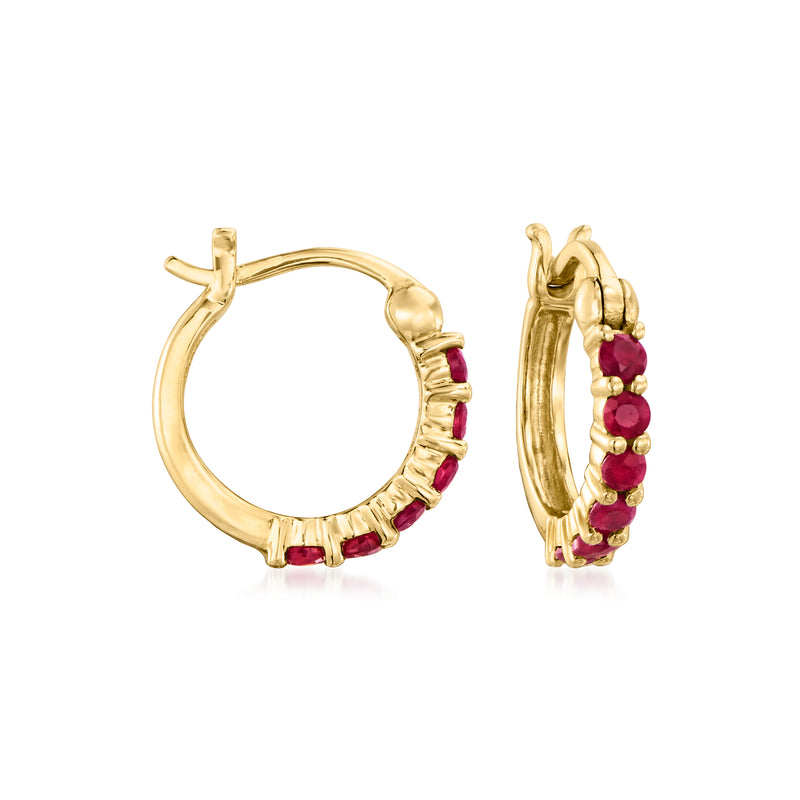 14kt yellow gold ruby huggie hoop earrings with small red gemstone bezel settings