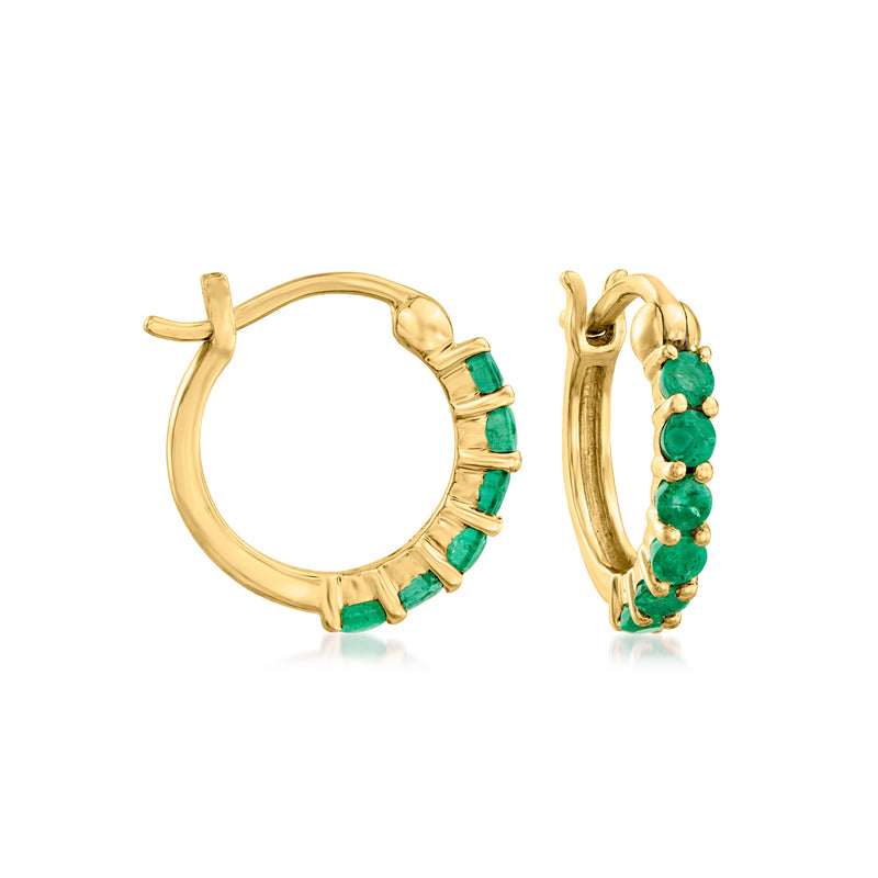 14kt yellow gold emerald huggie hoop earrings with green gemstone bands