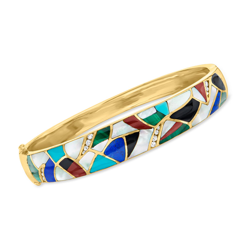 Vintage 14kt yellow gold bangle bracelet with colorful gemstone inlay and small diamond accents
