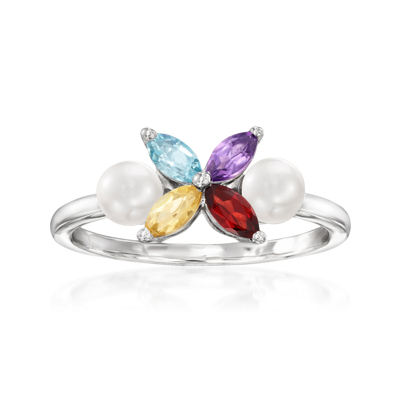 Sterling silver ring with two white cultured pearls and marquise multi-gemstones
