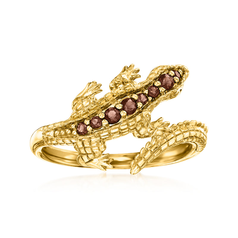 Gold lizard ring with oval smoky quartz-look stones, textured scales, open band