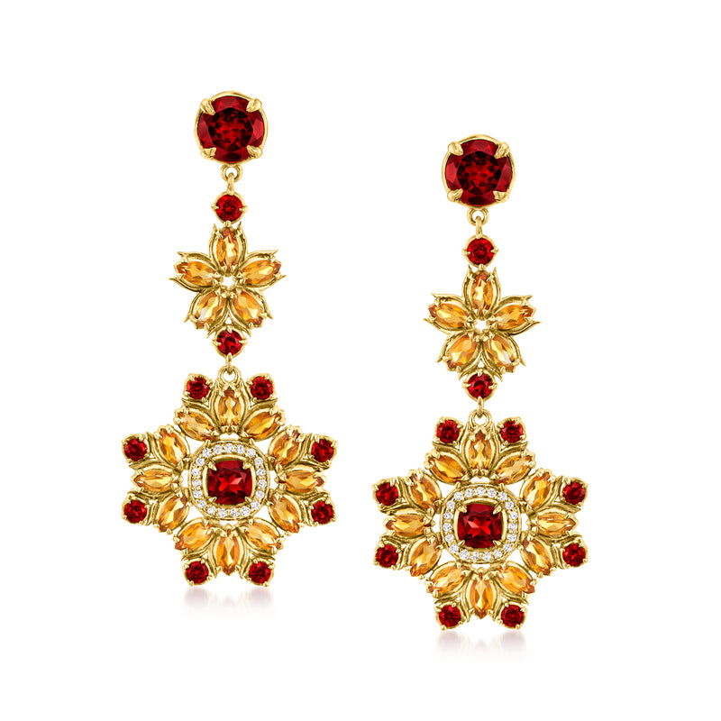 18kt gold over sterling drop earrings with red gemstones, floral cluster design