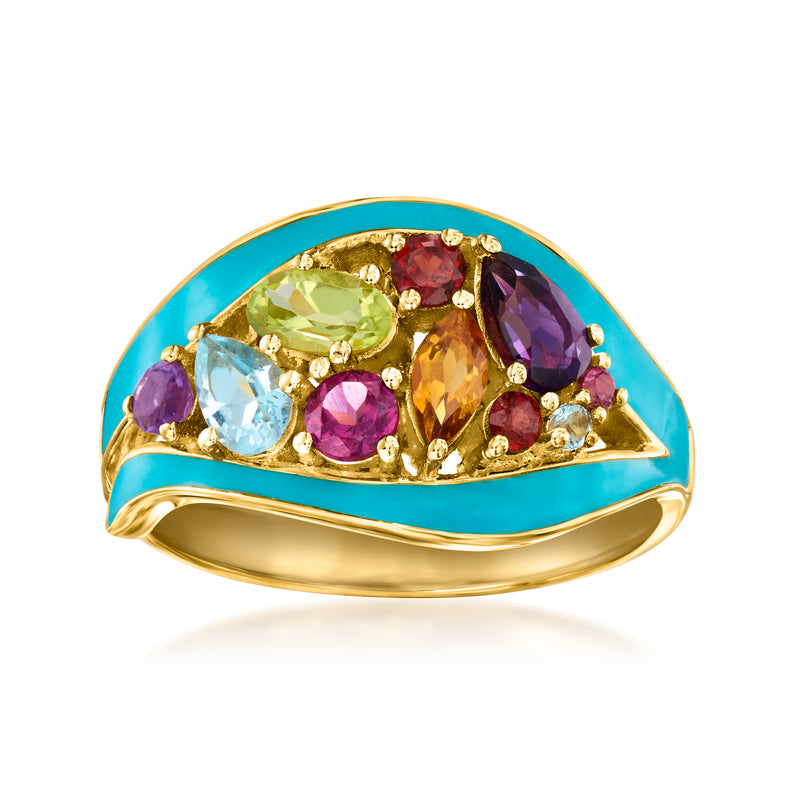 Gold ring with blue enamel top, oval multicolor gemstone cluster and prong settings
