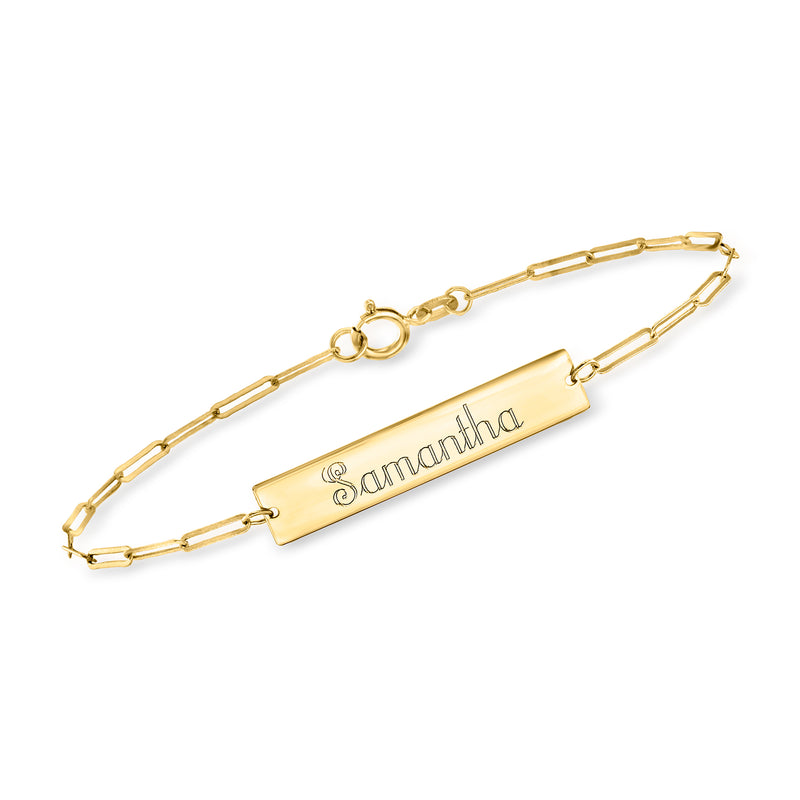14kt yellow gold paper clip link bracelet with engraved name bar, Samantha