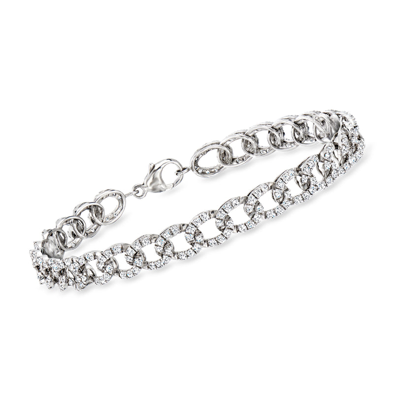 14kt white gold diamond curb-link bracelet with bezel-set round stones, curved silhouette