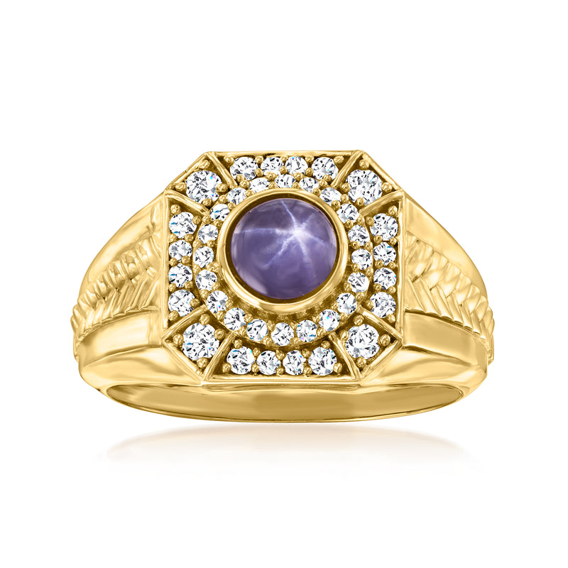 18kt yellow gold ring with purple star sapphire and diamond halo