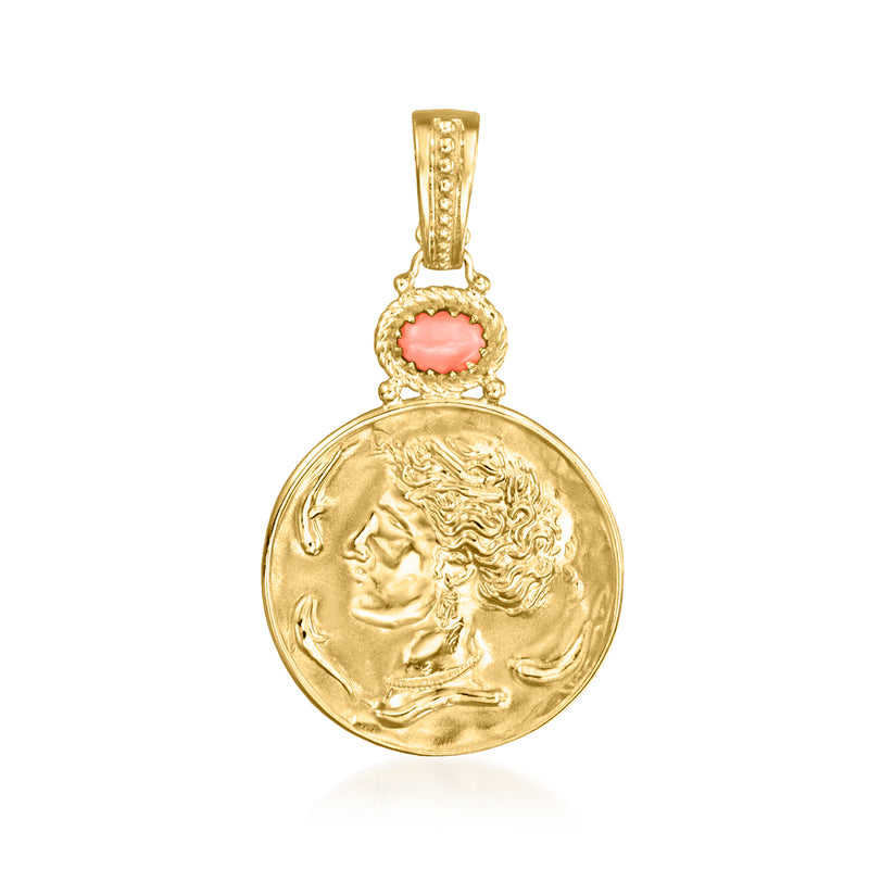 18kt gold over sterling cameo pendant with pink coral oval and profile medallion