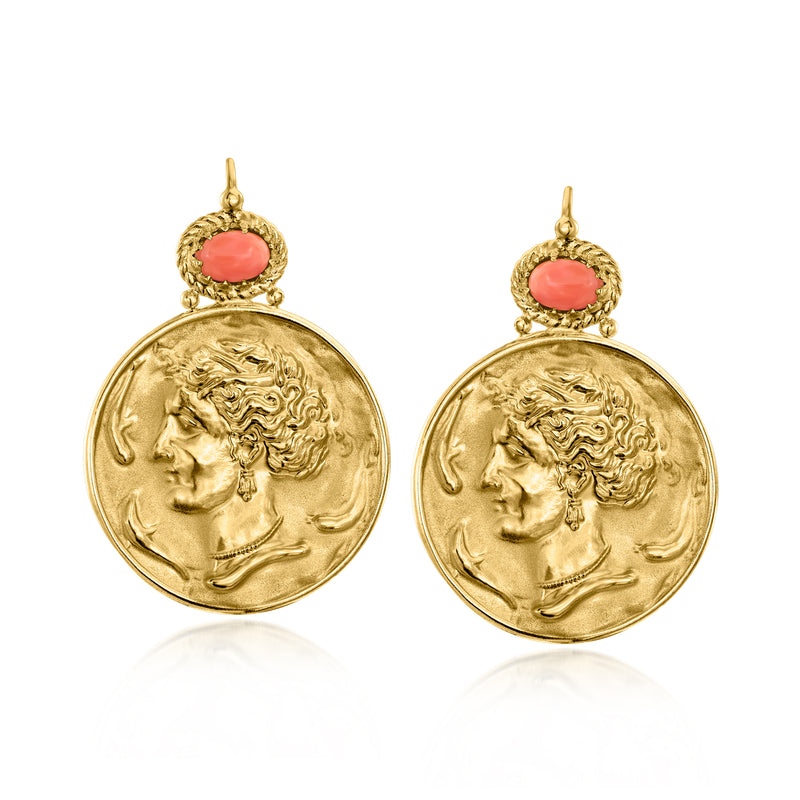 Gold drop earrings with pink coral cabochon and Roman portrait coin medallions