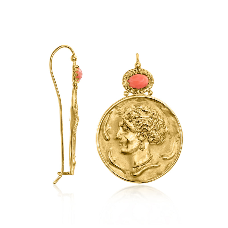 Gold earwire drop earrings with pink coral cabochon and Roman portrait coin medallion